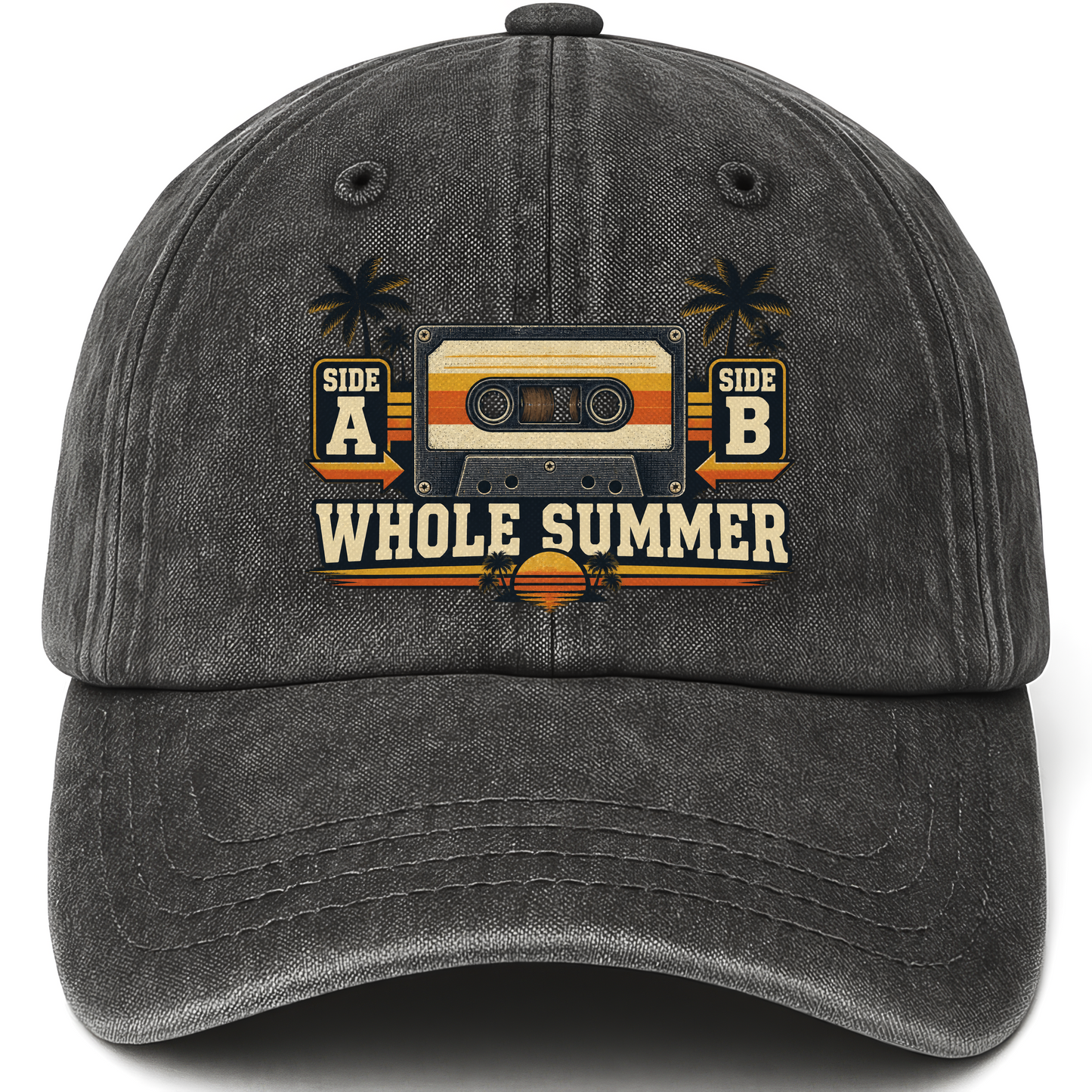 Black vintage washed cap with Side A Side B Whole Summer printed front design