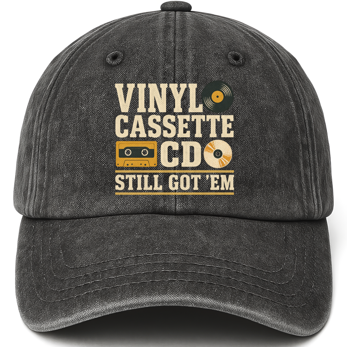 Black vintage washed cap with Vinyl Cassette CD Still Got 'Em printed front design