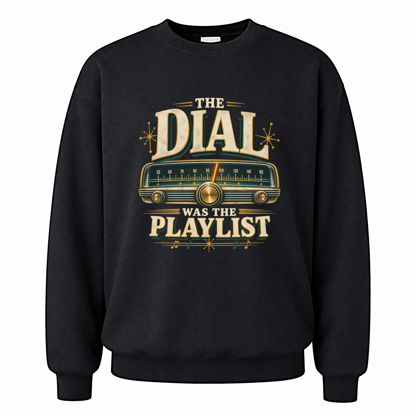 Black vintage sweatshirt with The Dial Was The Playlist printed front design