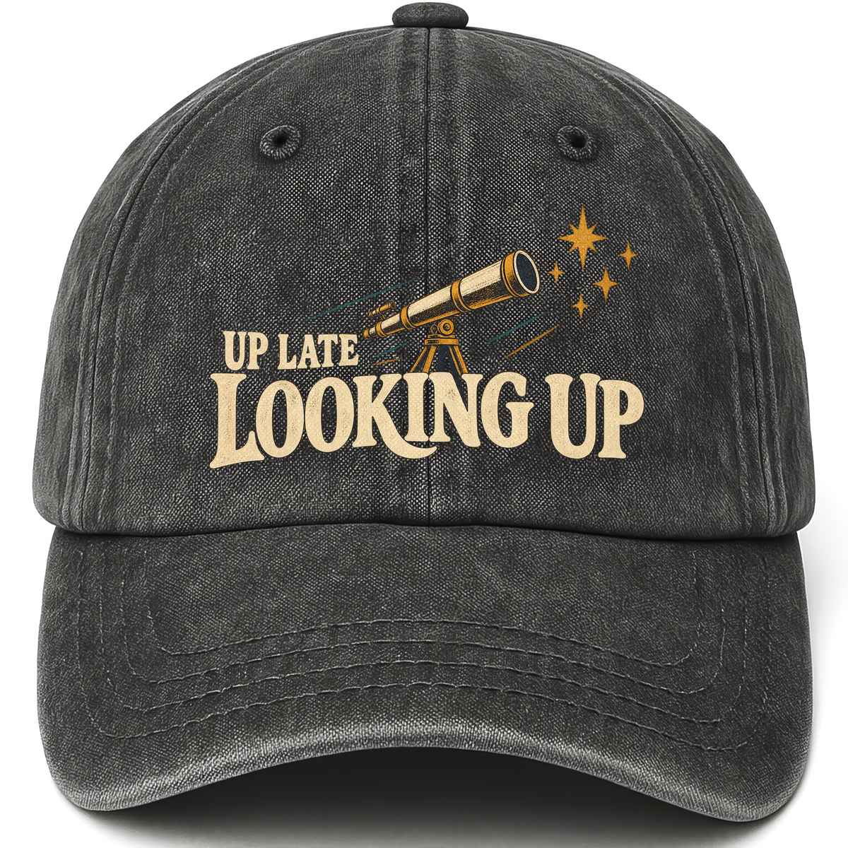 Black vintage washed cap with Up Late Looking Up printed front design