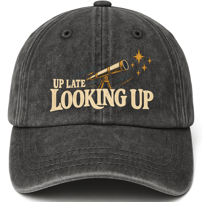 Black vintage washed cap with Up Late Looking Up printed front design