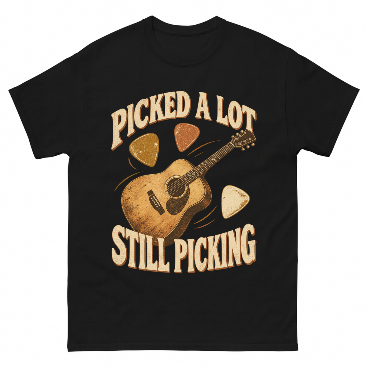 Black vintage t-shirt with Picked A Lot Still Picking printed front design