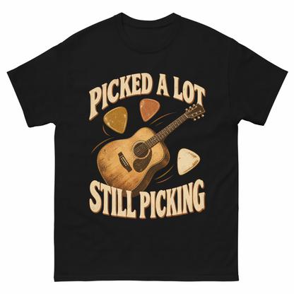 Black vintage t-shirt with Picked A Lot Still Picking printed front design