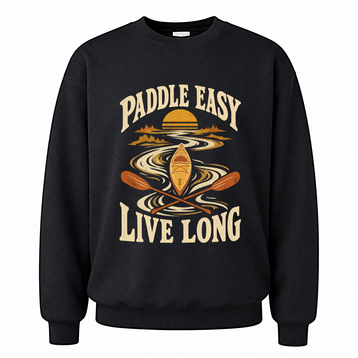 Black vintage sweatshirt with Paddle Easy Live Long printed front design