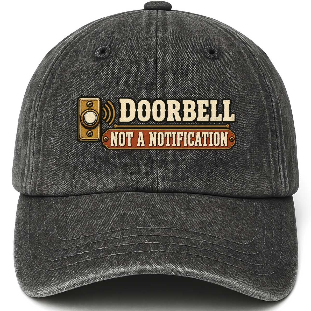 Black vintage washed cap with Doorbell. Not A Notification printed front design