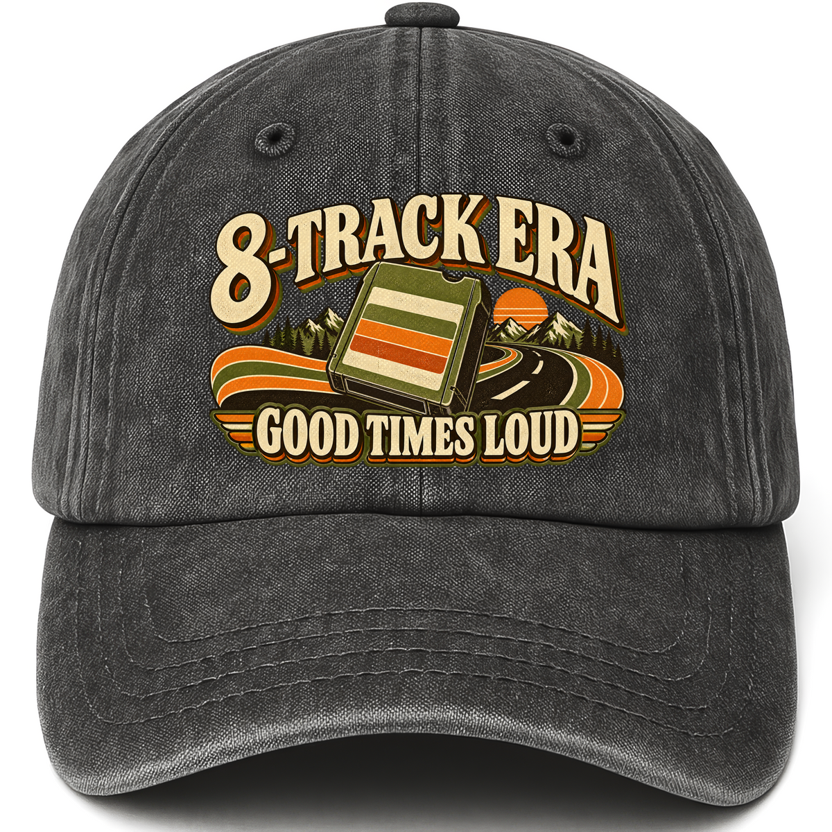 Black vintage washed cap with 8-Track Era Good Times Loud printed front design