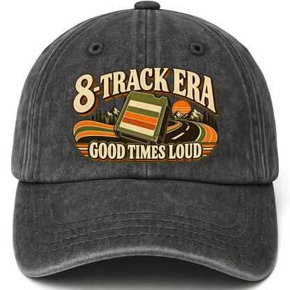 Black vintage washed cap with 8-Track Era Good Times Loud printed front design