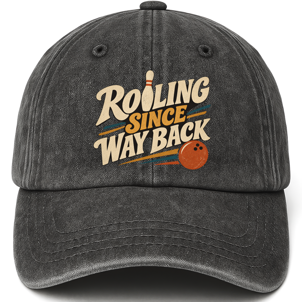 Black vintage washed cap with Rolling Since Way Back printed front design