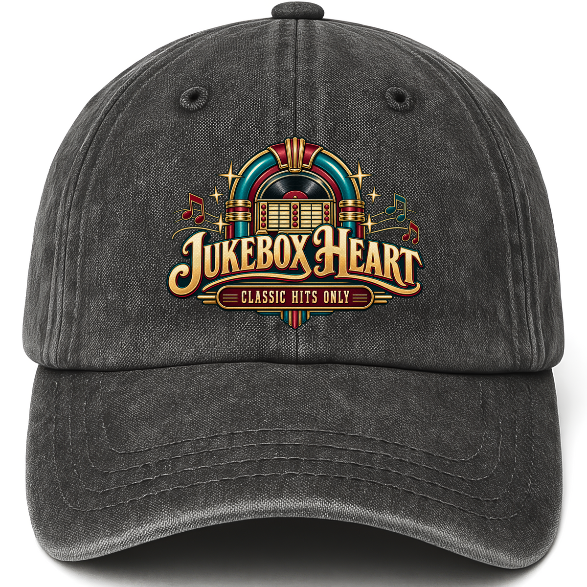 Black vintage washed cap with Jukebox Heart Classic Hits Only printed front design