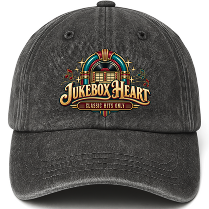Black vintage washed cap with Jukebox Heart Classic Hits Only printed front design