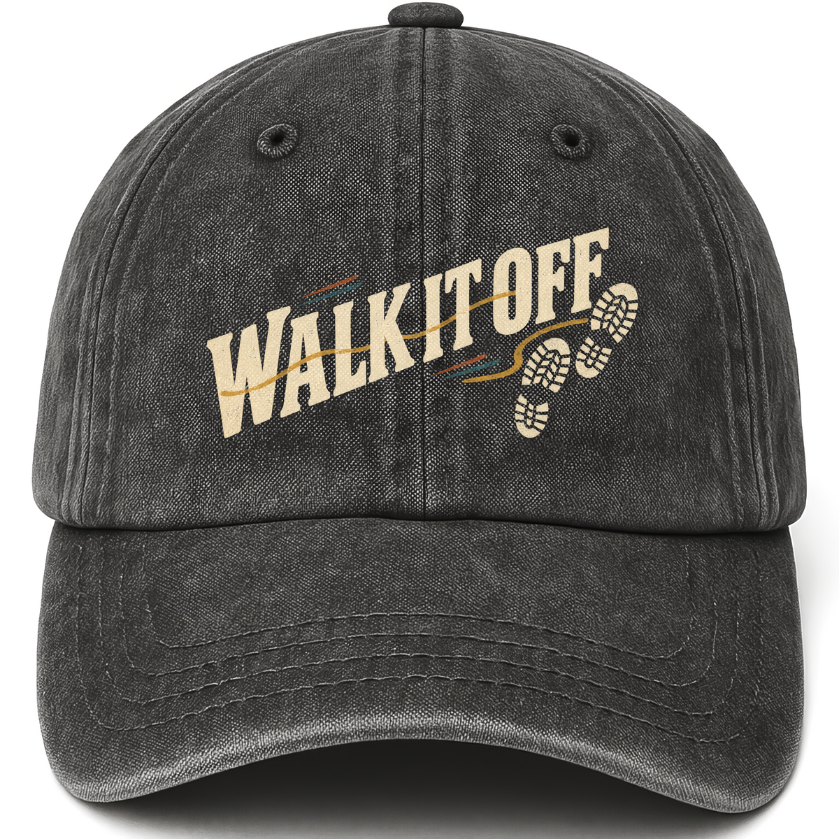 Black vintage washed cap with Walk It Off printed front design
