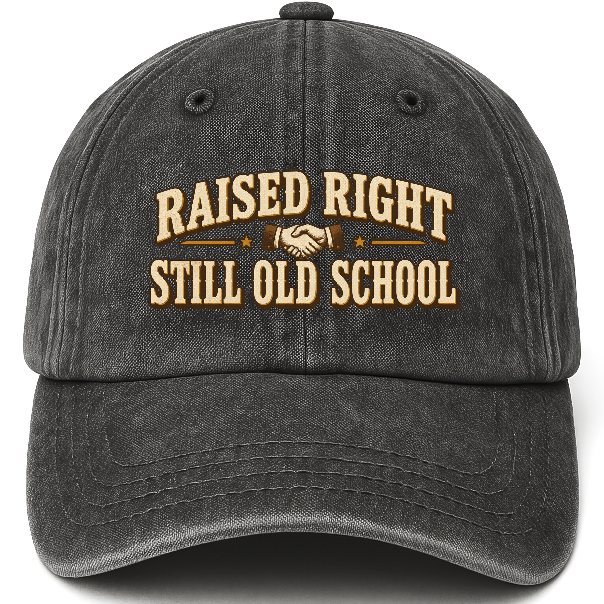 Black vintage washed cap with Raised Right Still Old School printed front design