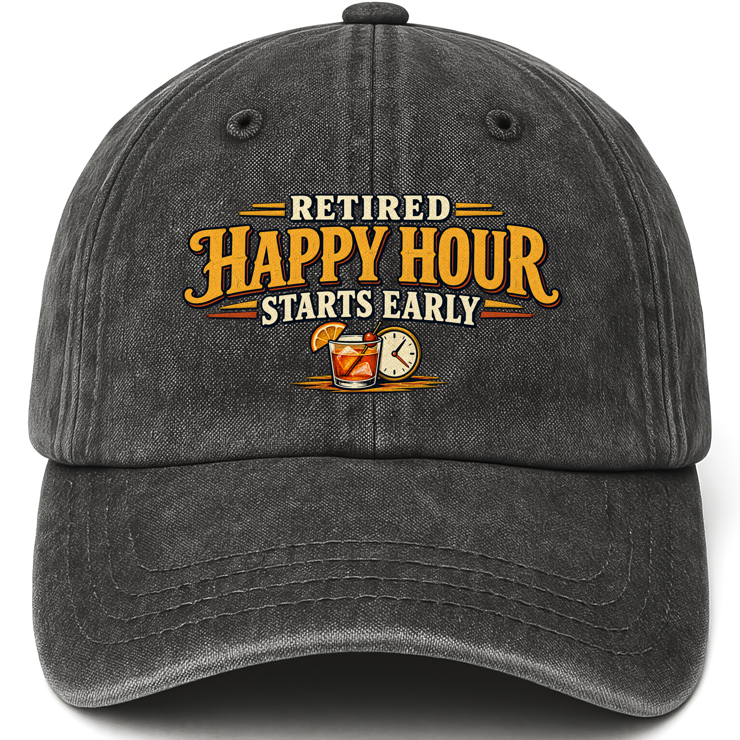 Black vintage washed cap with Retired Happy Hour Starts Early printed front design