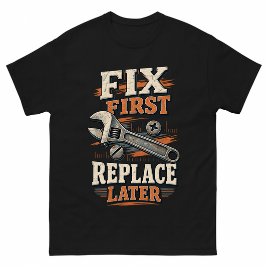 Black vintage t-shirt with Fix First. Replace Later printed front design