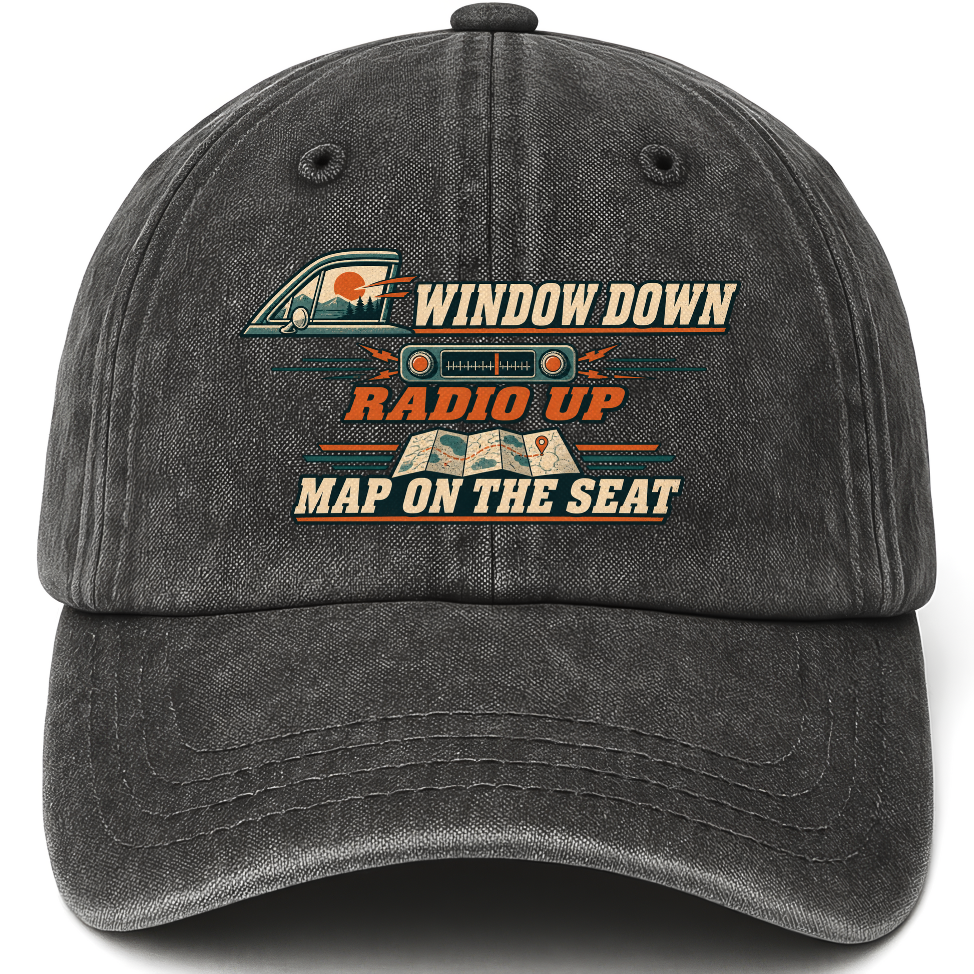Black vintage washed cap with Window Down Radio Up. Map On The Seat printed front design
