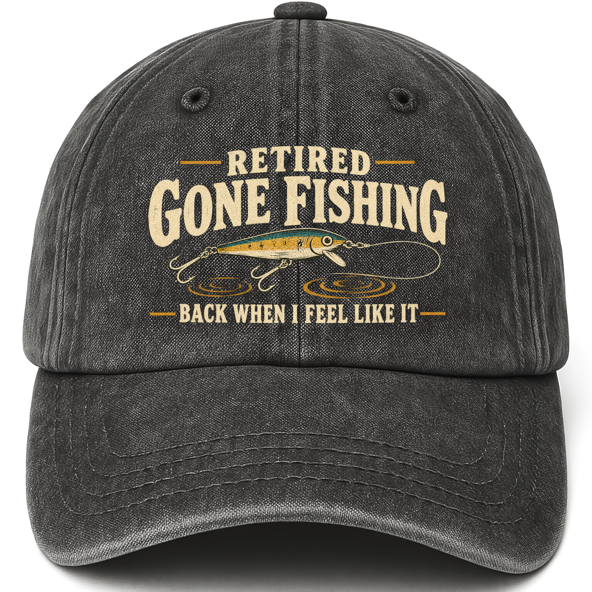 Black vintage washed cap with Retired Gone Fishing Back When I Feel Like It printed front design