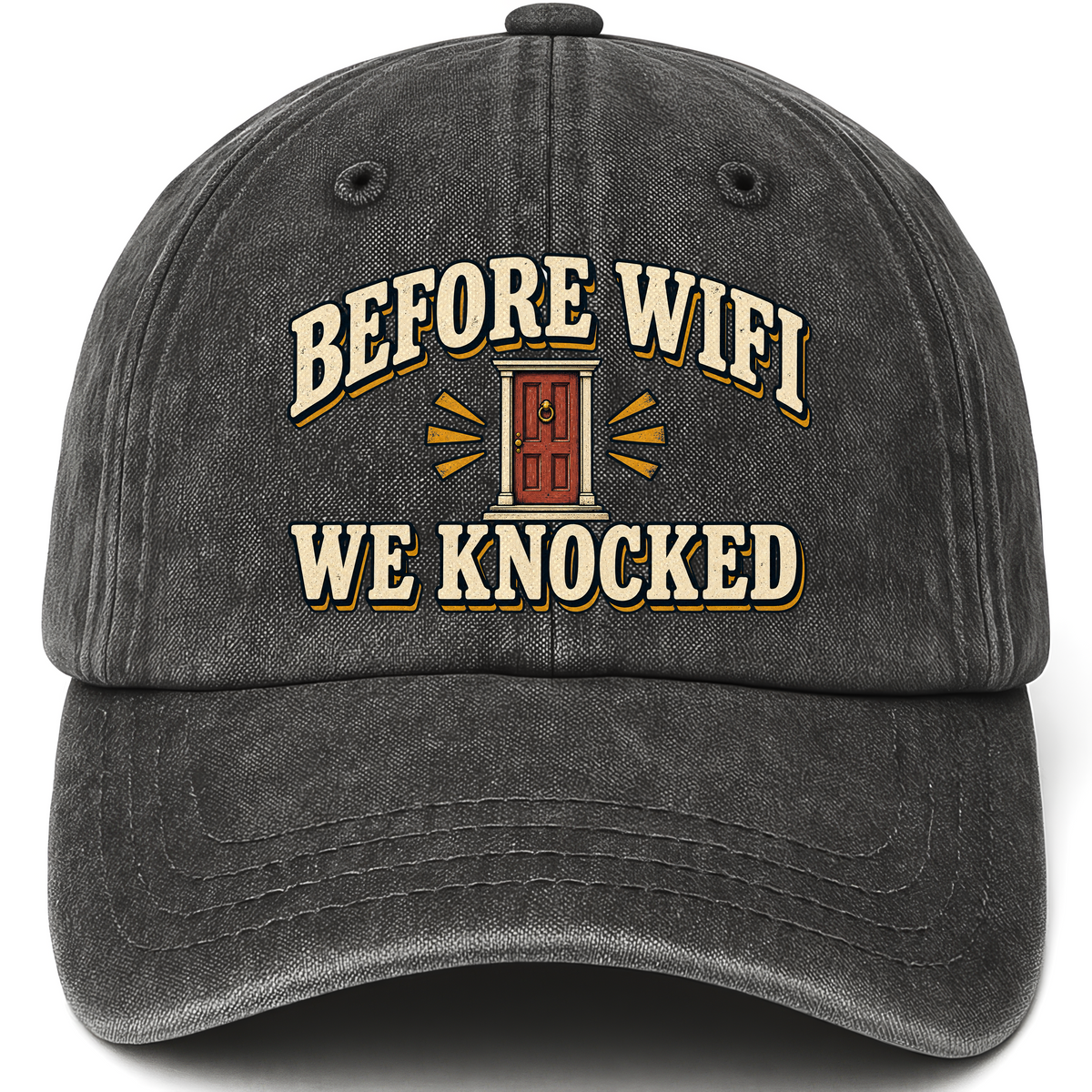 Black vintage washed cap with Before Wine We Knocked printed front design