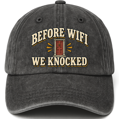 Black vintage washed cap with Before Wine We Knocked printed front design