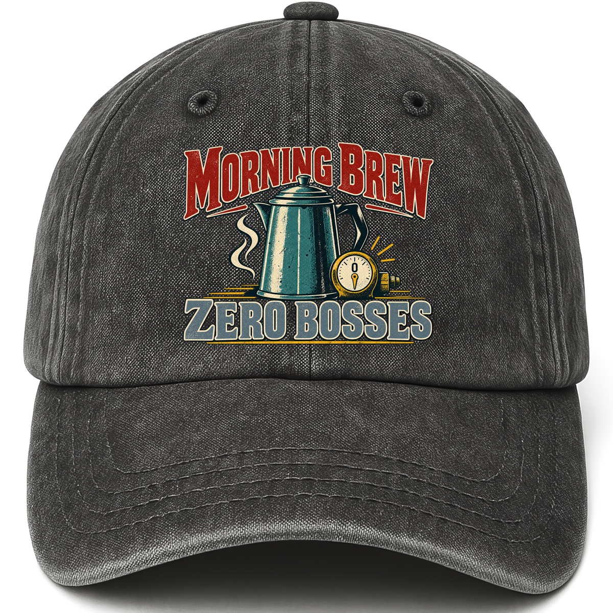 Black vintage washed cap with Morning Brew. Zero Bosses printed front design