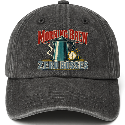 Black vintage washed cap with Morning Brew. Zero Bosses printed front design