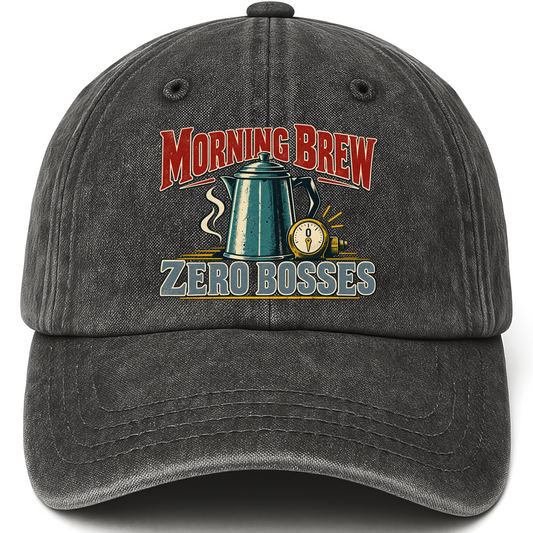Black vintage washed cap with Morning Brew. Zero Bosses printed front design