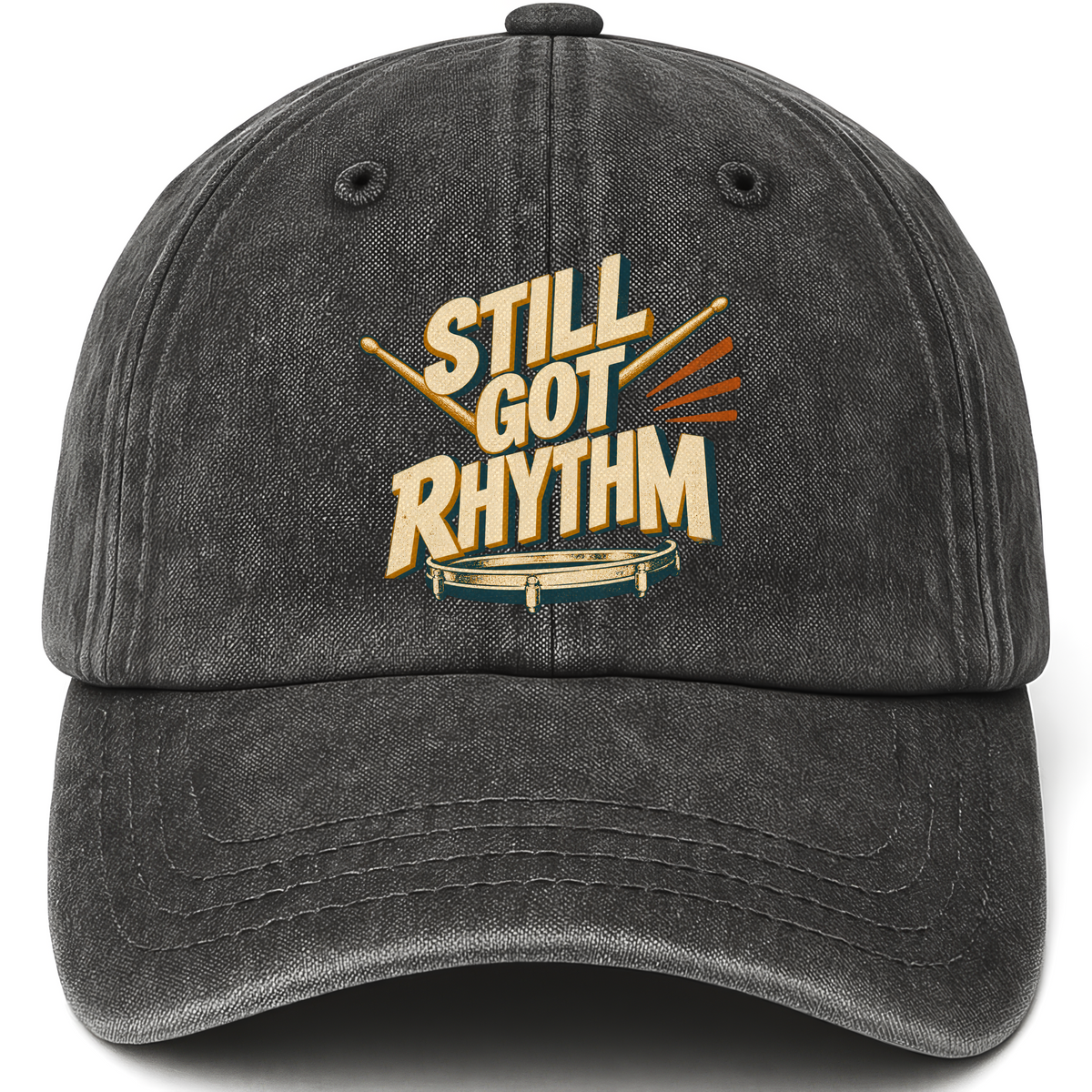 Black vintage washed cap with Still Got Rhythm printed front design