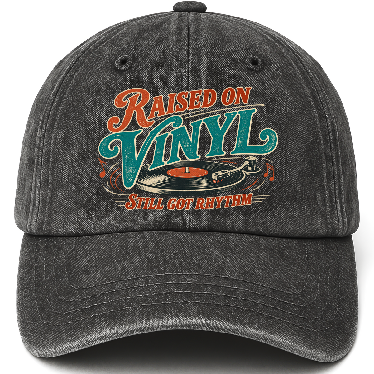 Black vintage washed cap with Raised On Vinyl Still Got Rhythm printed front design