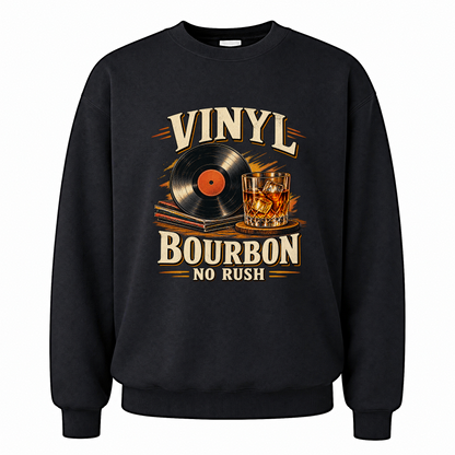 Black vintage sweatshirt with Vinyl Bourbon. No Rush printed front design