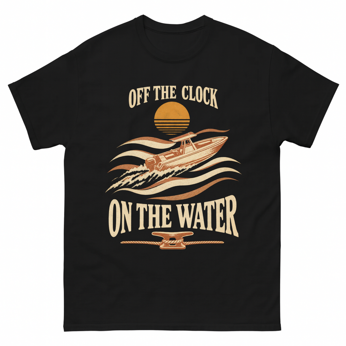 Black vintage t-shirt with Off The Clock On The Water printed front design
