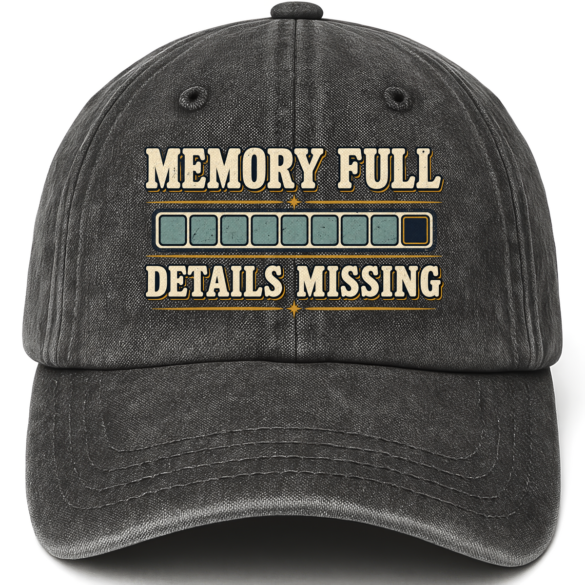 Black vintage washed cap with Memory Full Details Missing printed front design