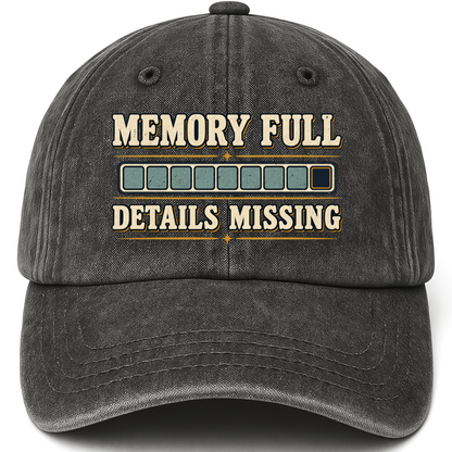 Black vintage washed cap with Memory Full Details Missing printed front design
