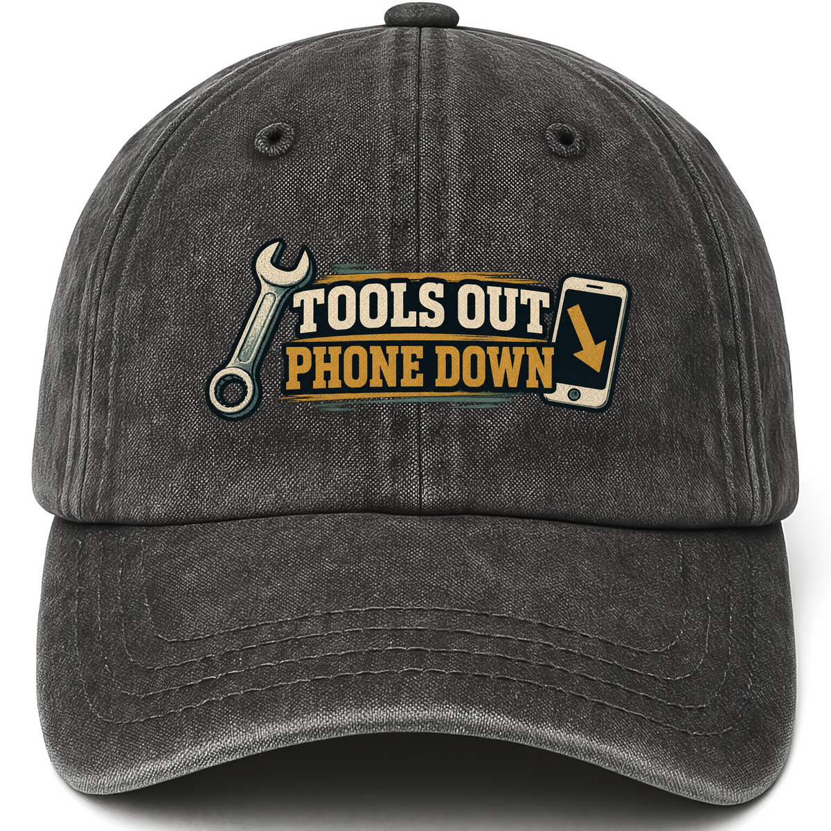 Black vintage washed cap with Tools Out. Phone Down printed front design