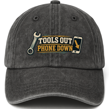 Black vintage washed cap with Tools Out. Phone Down printed front design
