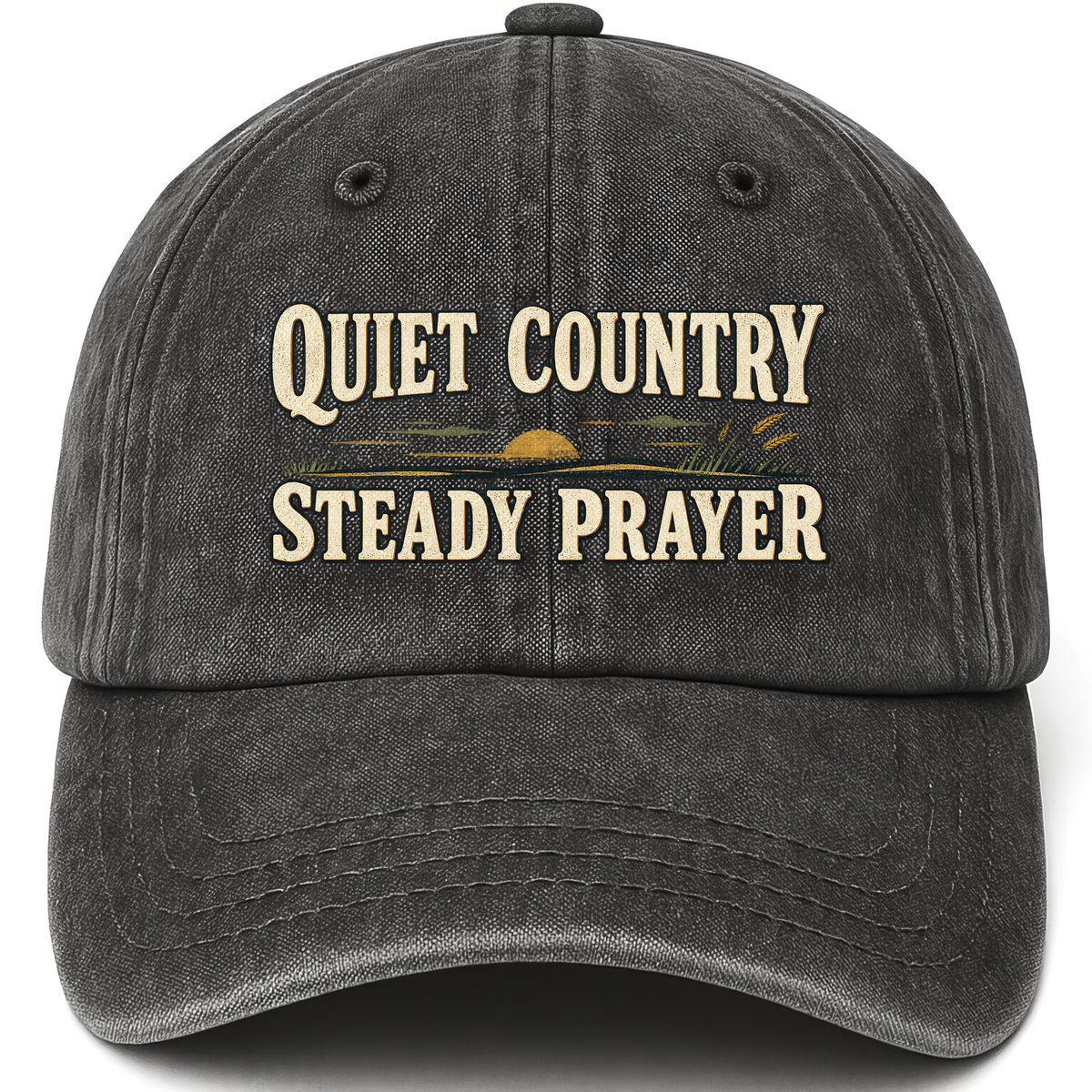 Black vintage washed cap with Quiet Country Steady Prayer printed front design