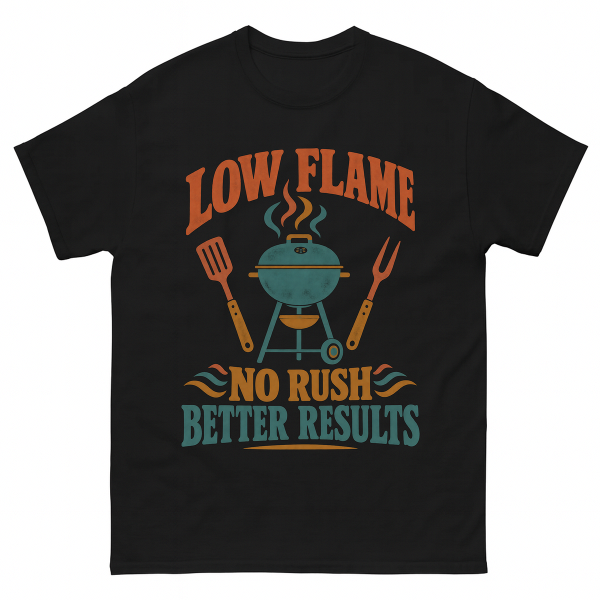 Black vintage t-shirt with Low Flame. No Rush Better Results printed front design
