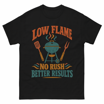 Black vintage t-shirt with Low Flame. No Rush Better Results printed front design