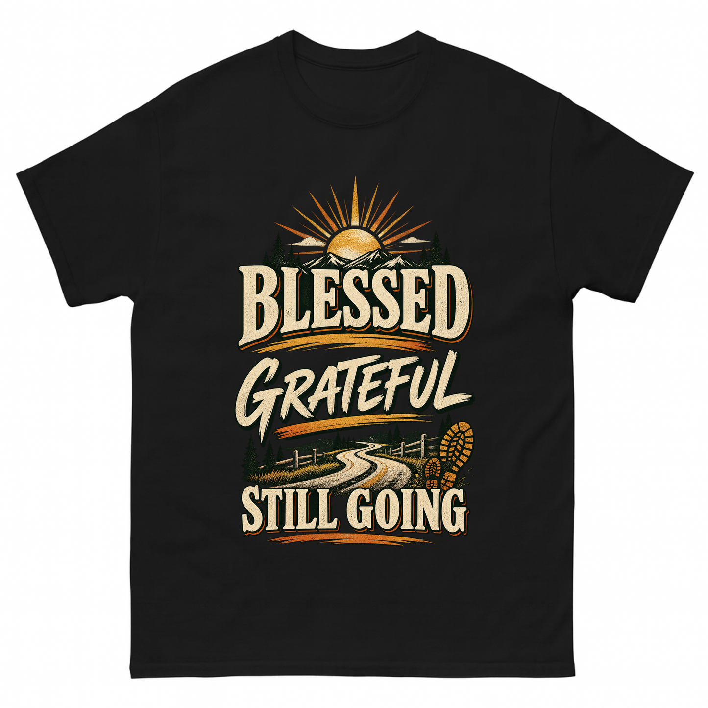 Black vintage t-shirt with Blessed Grateful Still Going printed front design