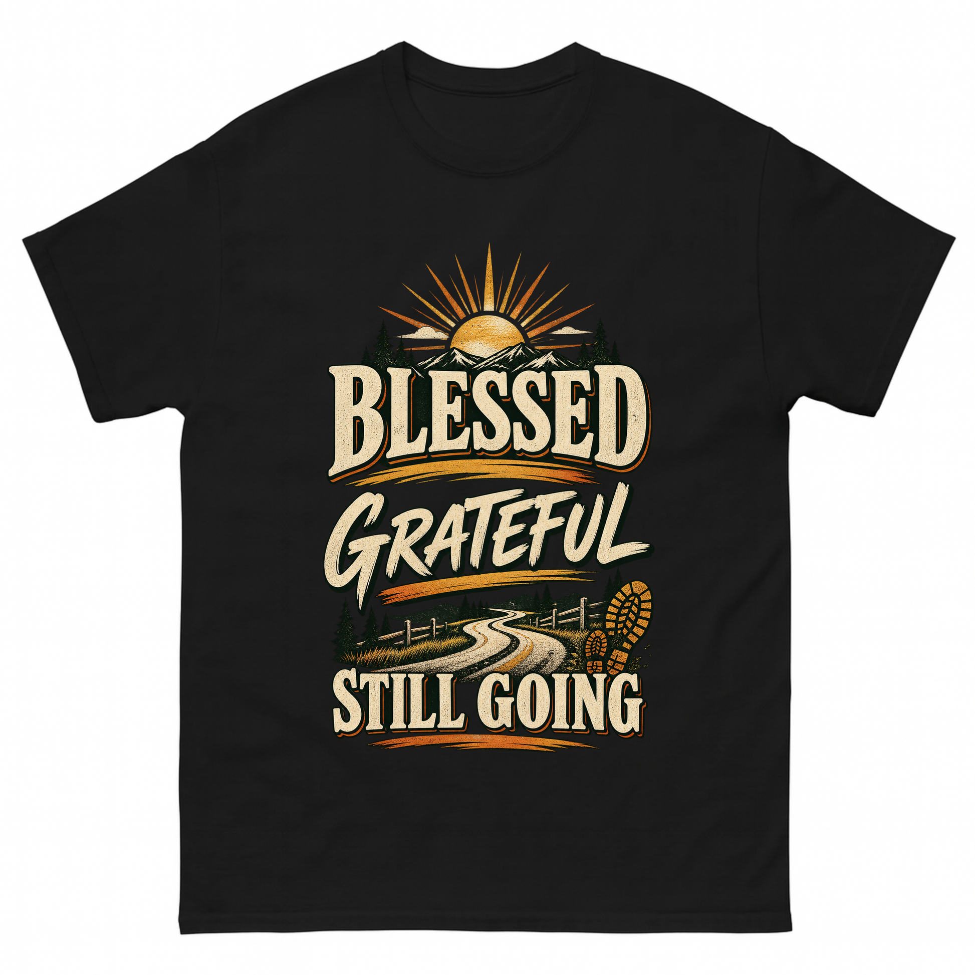 Black vintage t-shirt with Blessed Grateful Still Going printed front design