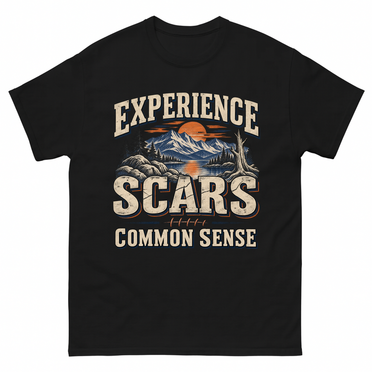 Black vintage t-shirt with Experience Scars. Common Sense printed front design