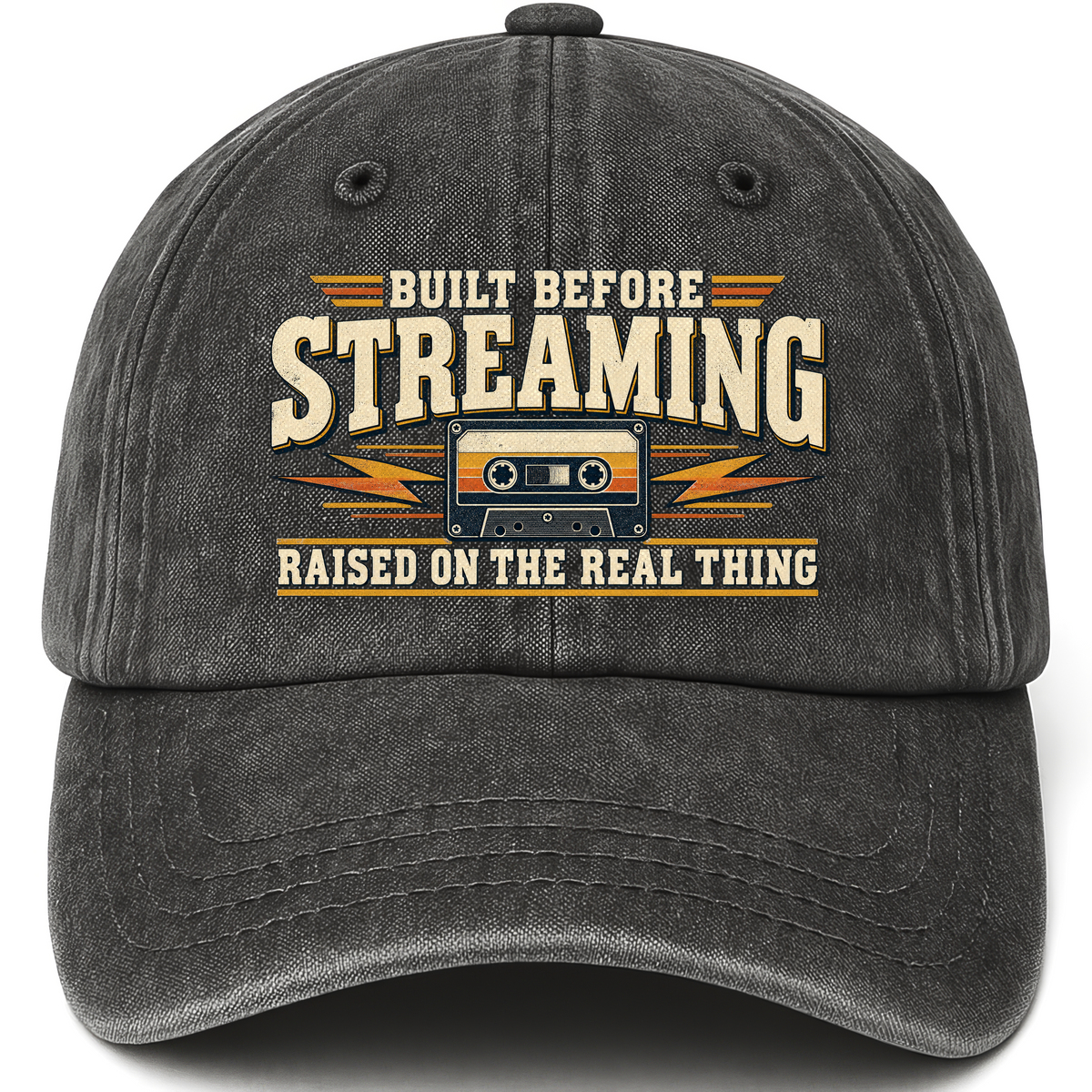 Black vintage washed cap with Built Before Streaming Raised On The Real Thing printed front design
