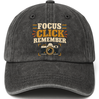 Black vintage washed cap with Focus Click Remember printed front design