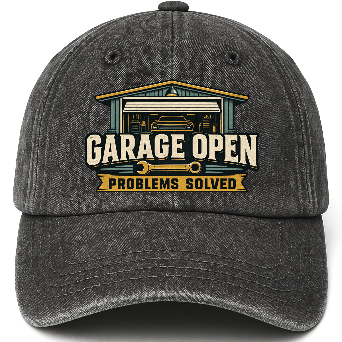 Black vintage washed cap with Garage Open Problems Solved printed front design