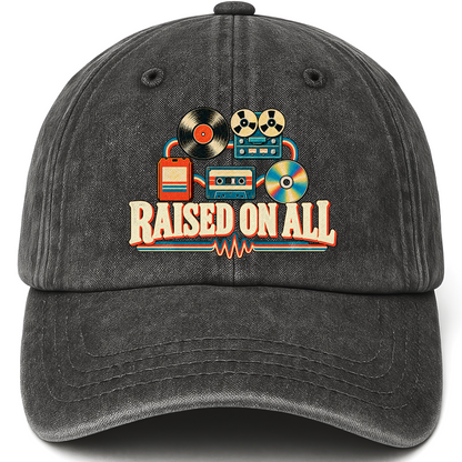 Black vintage washed cap with Raised On All printed front design