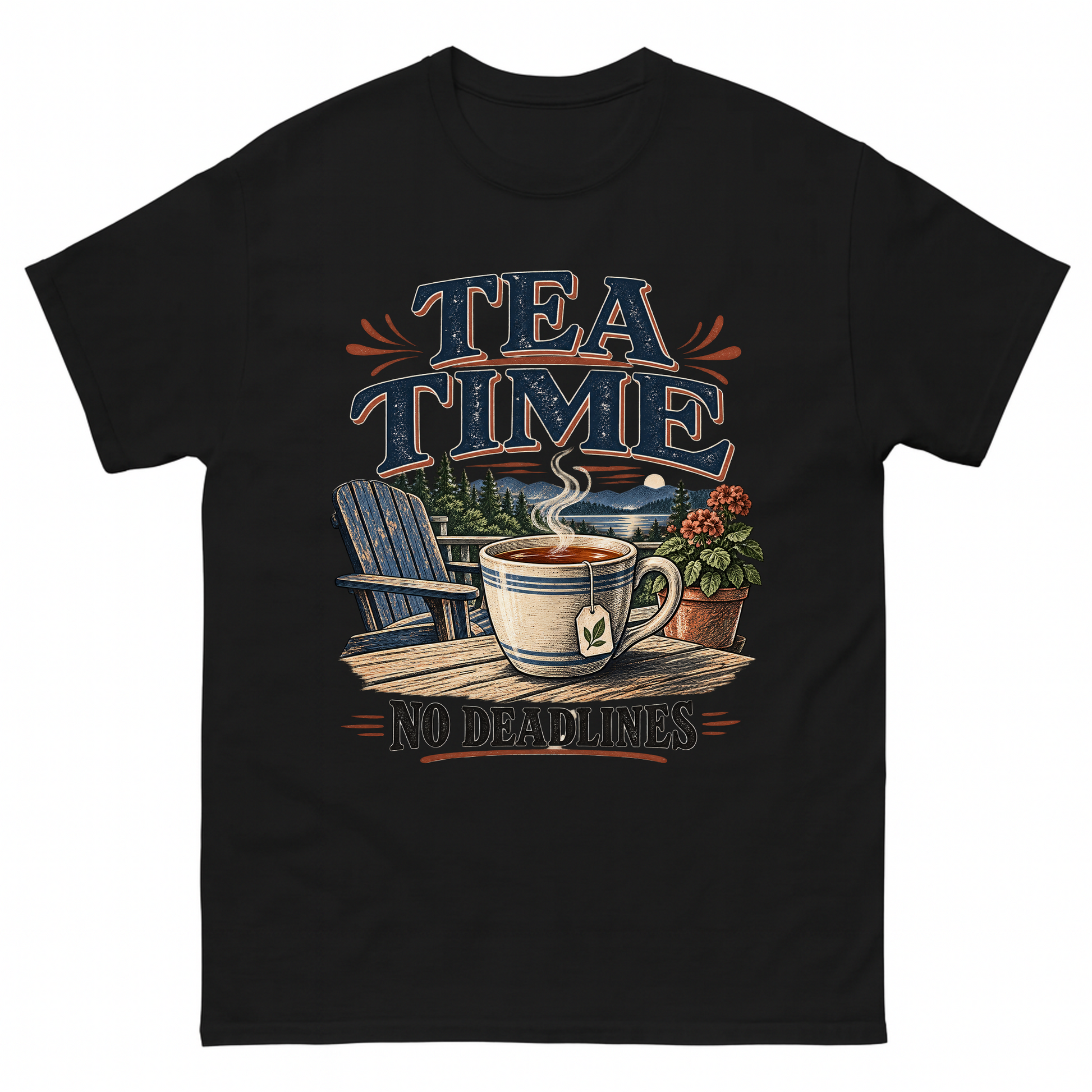 Black vintage t-shirt with Tea Time. No Deadlines printed front design
