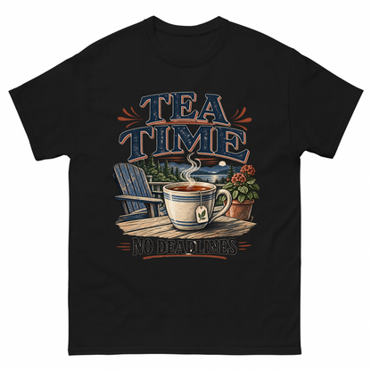 Black vintage t-shirt with Tea Time. No Deadlines printed front design
