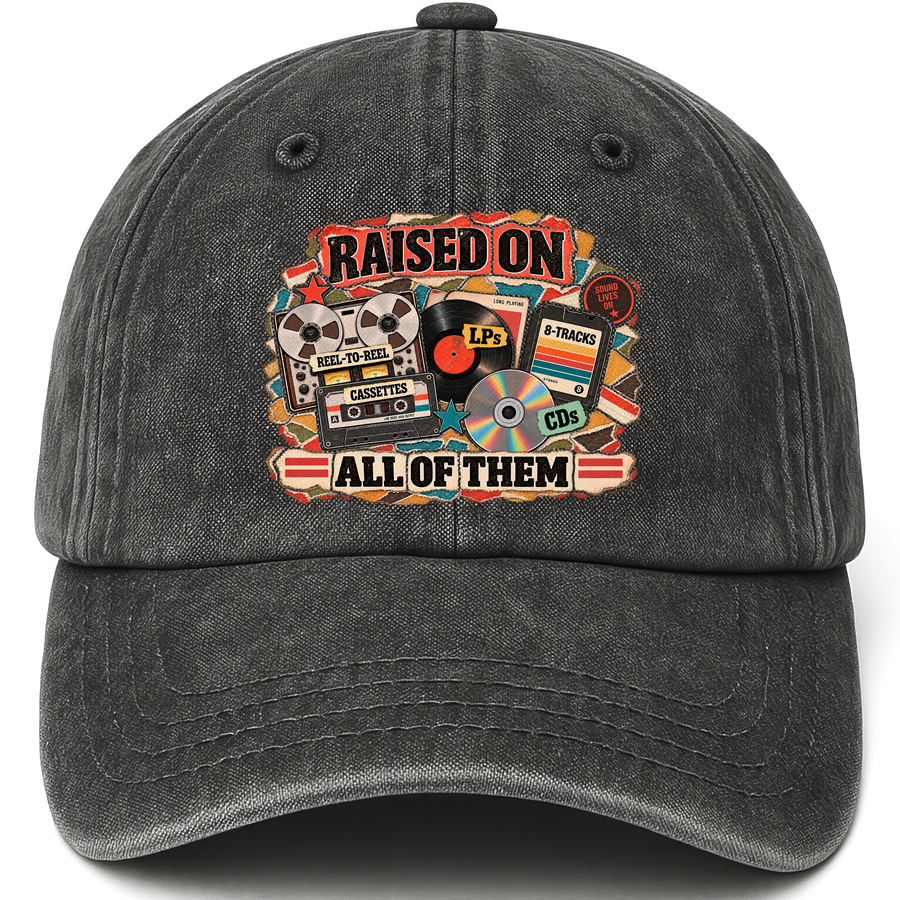 Black vintage washed cap with Raised On All Of Them printed front design