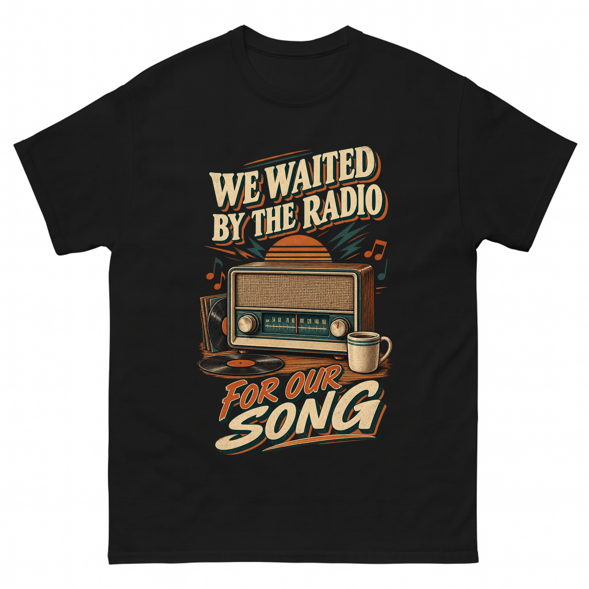 Black vintage t-shirt with We Waited By The Radio For Our Song printed front design