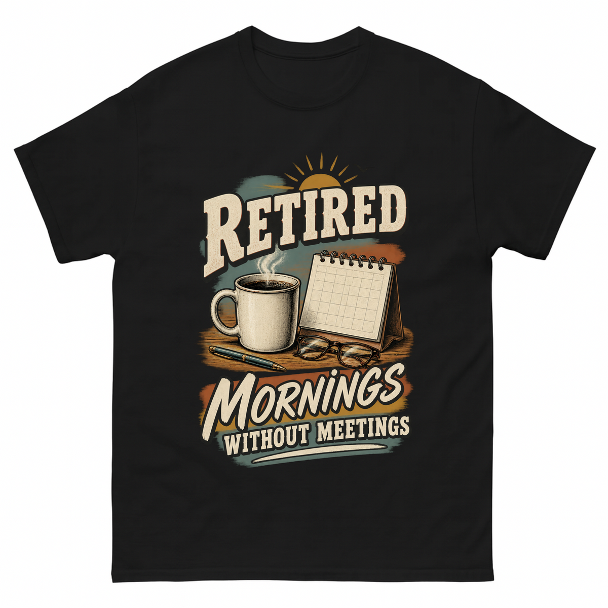 Black vintage t-shirt with Mornings Without Meetings printed front design