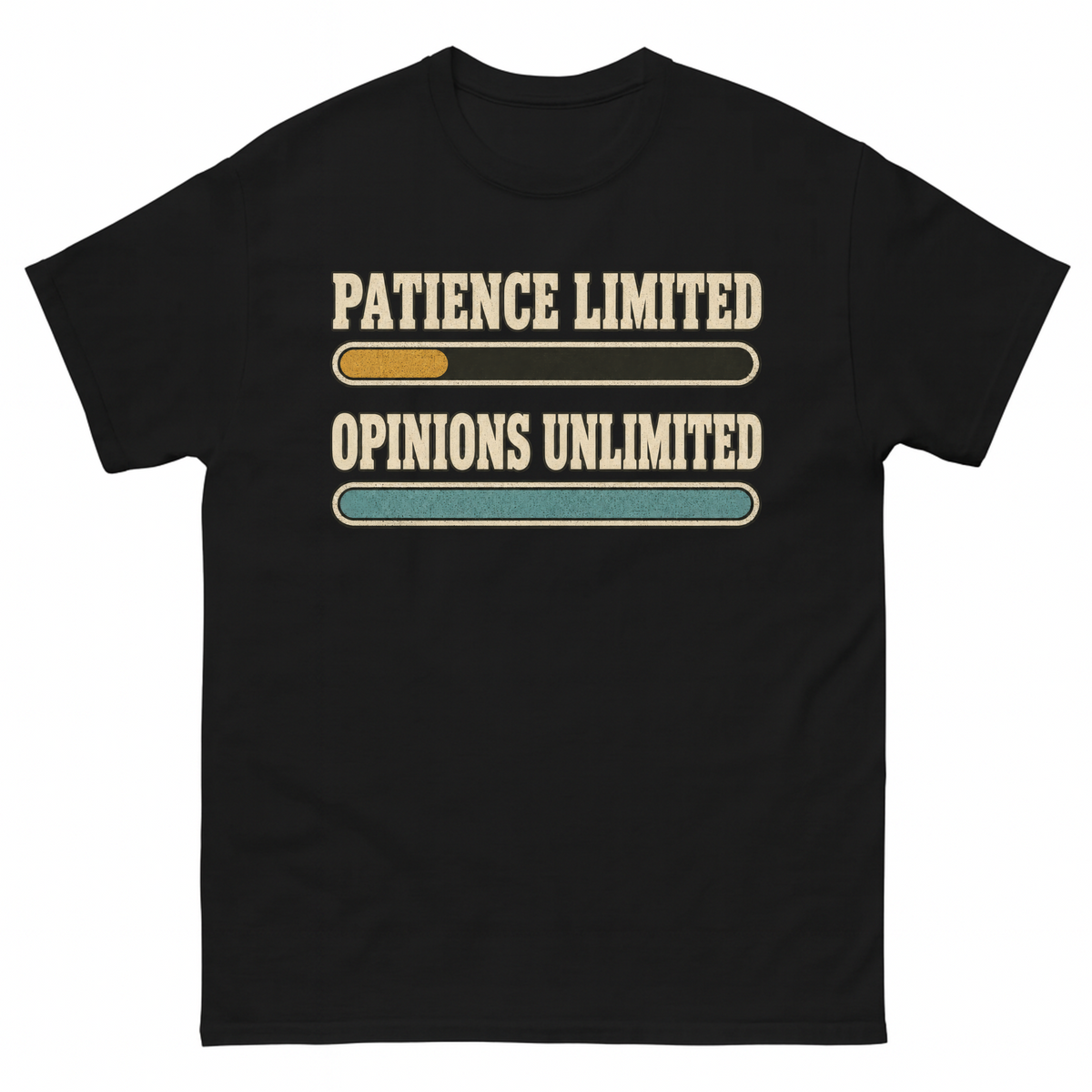 Black vintage t-shirt with Patience Limited Opinions Unlimited printed front design