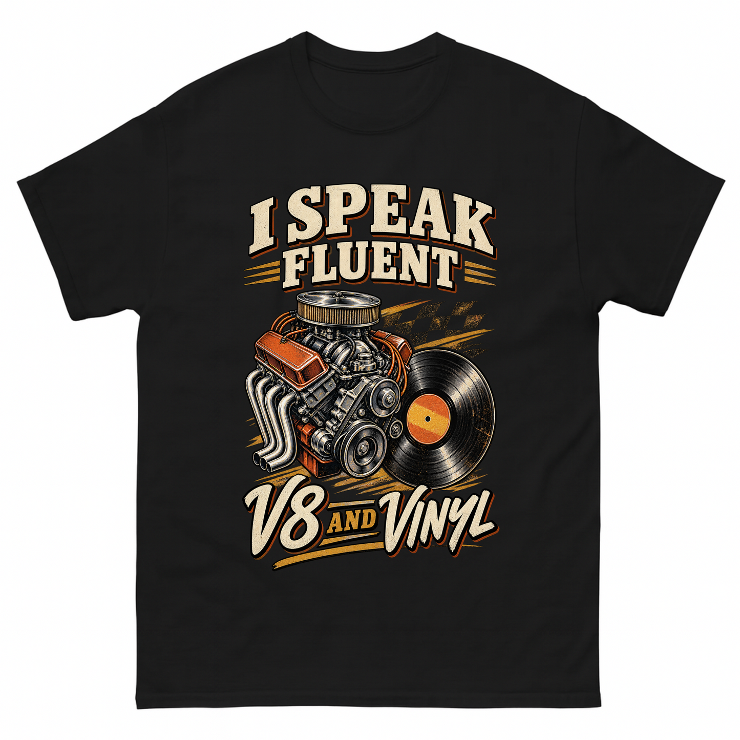 Black vintage t-shirt with 32 v8 and vinyl ideogram 4x printed front design